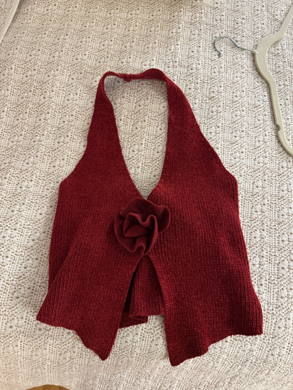 Red Knit Halter Top with Rosette Accent